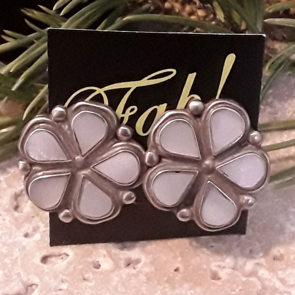 Mid Century Native American Sterling & Mother of Pearl CLIP Earrings